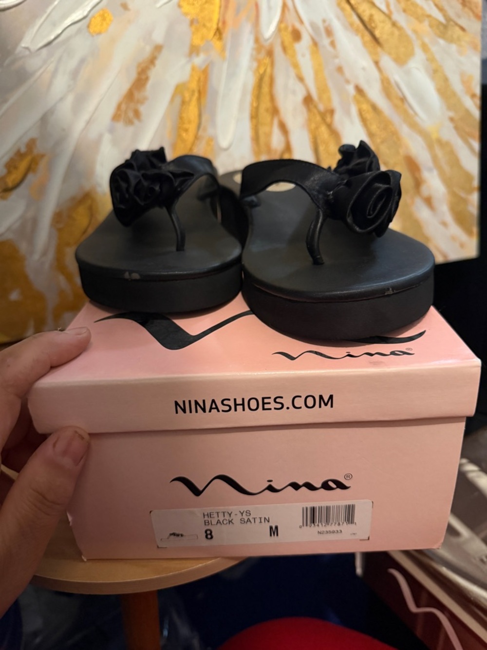 Nina Black Ruffled Toe-Post Wedge Sandals - Picture 4 of 5